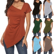 Fashion Oblique V-neck Short Sleeve Irregular Hem Top 