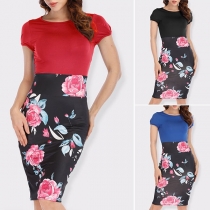 Fashion Short Sleeve Round Neck Printed Spliced Slim Fit Dress