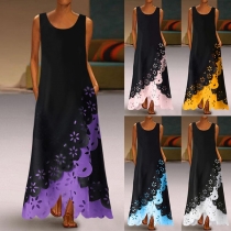 Fashion Contrast Color Sleeveless Irregular Hem Hollow Out Ripped Dress