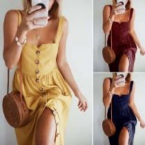 Sexy Backles V-neck Front-button Solid Color Sling Dress