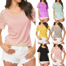 Fashion Solid Color Short Sleeve Round Neck Lace Spliced T-shirt