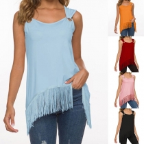 Fashion Solid Color Irregular Tassel Hem Sleeveless Top