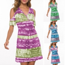 Sexy Off-shoulder Short Sleeve V-neck Printed Dress