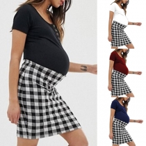 Fashion Short Sleeve Round Neck Plaid Spliced Maternity Dress