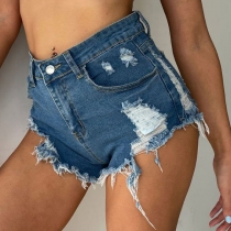 Fashion High Waist Frayed Hem Ripped Denim Shorts