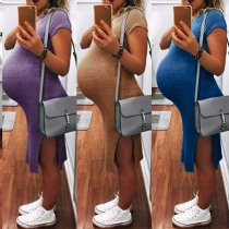 Fashion Solid Color Short Sleeve Slit Hem Maternity Dress