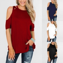 Sexy Off-shoulder Short Sleeve Round Neck Solid Color T-shirt
