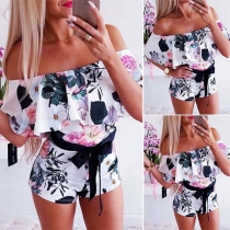 Sexy Ruffle Boat Neck Slim Fit Printed Romper 