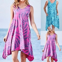 Fashion Sleeveless Round Neck Irregular Hem Printed Dress