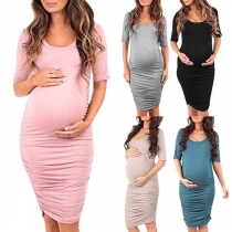 Fashion Solid Color Short Sleeve Round Neck Maternity Dress