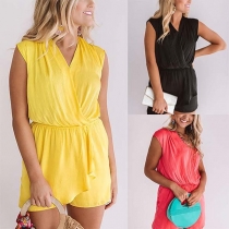 Fashion Solid Color Sleeveless V-neck Ruffle Romper
