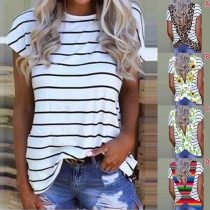 Sexy Backless Printed Spliced Short Sleeve Striped T-shirt
