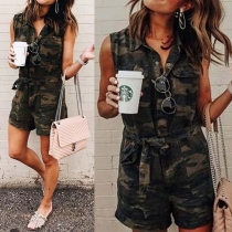 Fashion Camouflage Printed Sleeveless POLO Collar Romper 