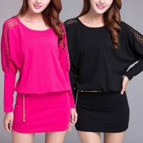 Sexy Hollow Out Long Sleeve Round Neck Solid Color Dress