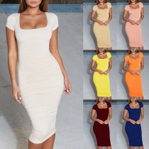 Elegant Solid Color Short Sleeve Square Collar Slim Fit Dress