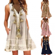 Fashion Sleeveless V-neck Lace Spliced Hem Loose Dress
