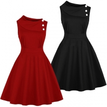 Elegant Solid Color Sleeveless Oblique Collar Dress