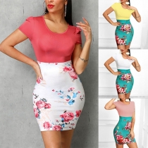 Fashion Short Sleeve Round Neck Printed Spliced Dress