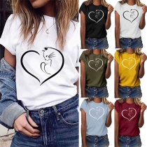 Cute Cat Printed Short Sleeve Round Neck T-shirt