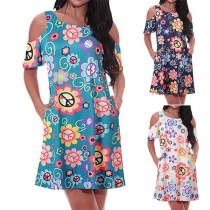 Sexy Off-shoulder Short Sleeve Round Neck Printed Dress