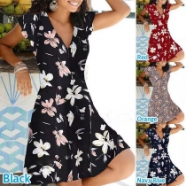 Sweet Style Short Sleeve V-neck Ruffle Hem Printed Dress