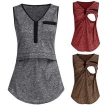 Fashion Contrast Color Sleeveless V-neck Breastfeeding T-shirt