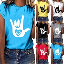 Fashion Short Sleeve Round Neck Palm Printed T-shirt 