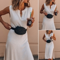 Fashion Solid Color Sleeveless V-neck Slit Hem Dress