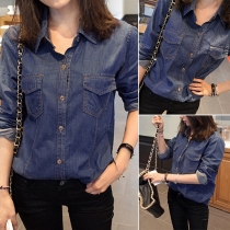 Fashion Long Sleeve POLO Collar Denim Shirt