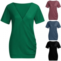 Fashion Solid Color Short Sleeve V-neck T-shirt