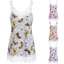 Sexy Backless V-neck Lace Spliced Butterfly Printed Top