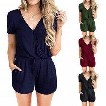 Fashion Solid Color Short Sleeve V-neck Romper 