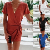 Fashion Solid Color Short Sleeve V-neck Lace-up Dress