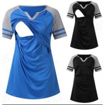Fashion Contrast Color V-neck Short Sleeve Breastfeeding T-shirt