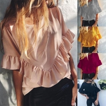 Fashion Solid Color Half Sleeve Round Neck Ruffle Top