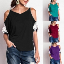 Sexy Off-shoulder Lace Spliced Short Sleeve T-shirt 