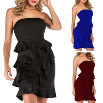 Sexy Strapless Solid Color Slim Fit Ruffle Dress