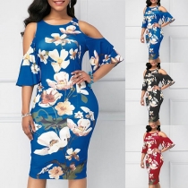 Sexy Off-shoulder Short Sleeve Round Neck Printed Dress