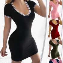 Fashion Short Sleeve V-neck Striped Spliced Slim Fit Dress