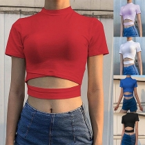 Sexy Short Sleeve Mock Neck Solid Color Crop Top