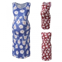 Fashion Sleeveless Round Neck Printed Maternity Dress