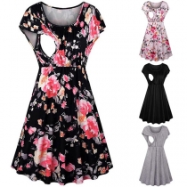 Fashion Short Sleeve Round Neck Breastfeeding Dress