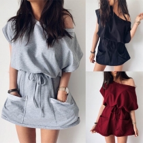 Sexy Oblique Shoulder Short Sleeve Solid Color Dress