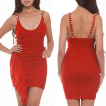 Sexy Backless Irregular Hem Beaded Sling Dress