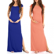 Elegant Solid Color Short Sleeve Slit Hem Maternity Dress