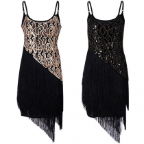 Sexy Backless Tassle Hem Sequin Spliced Sling Dress