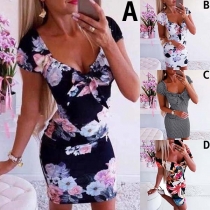 Sexy V-Neck Short Sleeve Slim Fit Printed Dress