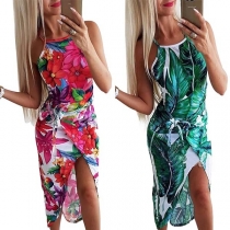 Sexy Irregular Hem Slim Fit Printed Sling Dress