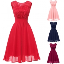 Elegant Solid Color Sleeveless Round Neck Lace Spliced Dress