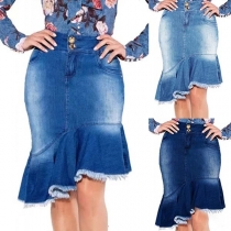 Fashion High Waist Fishtail Hem Denim Skirt